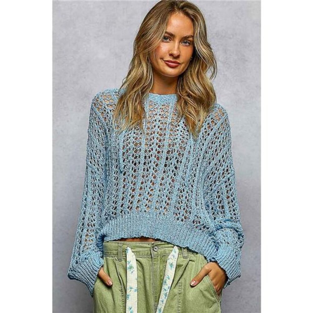 POL Openwork Round Neck High Low‎ Knit Top